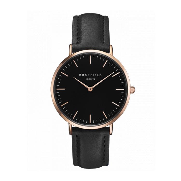 Rosefield Ultra Thin Quartz Watch For Women Timeless Matter Rose gold shell black face black belt 